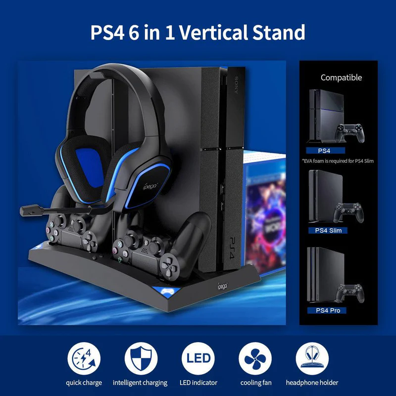 SOPORTE VERTICAL IPEGA 6 EN 1 PARA CONSOLA PS4 MODELO PG-P4009