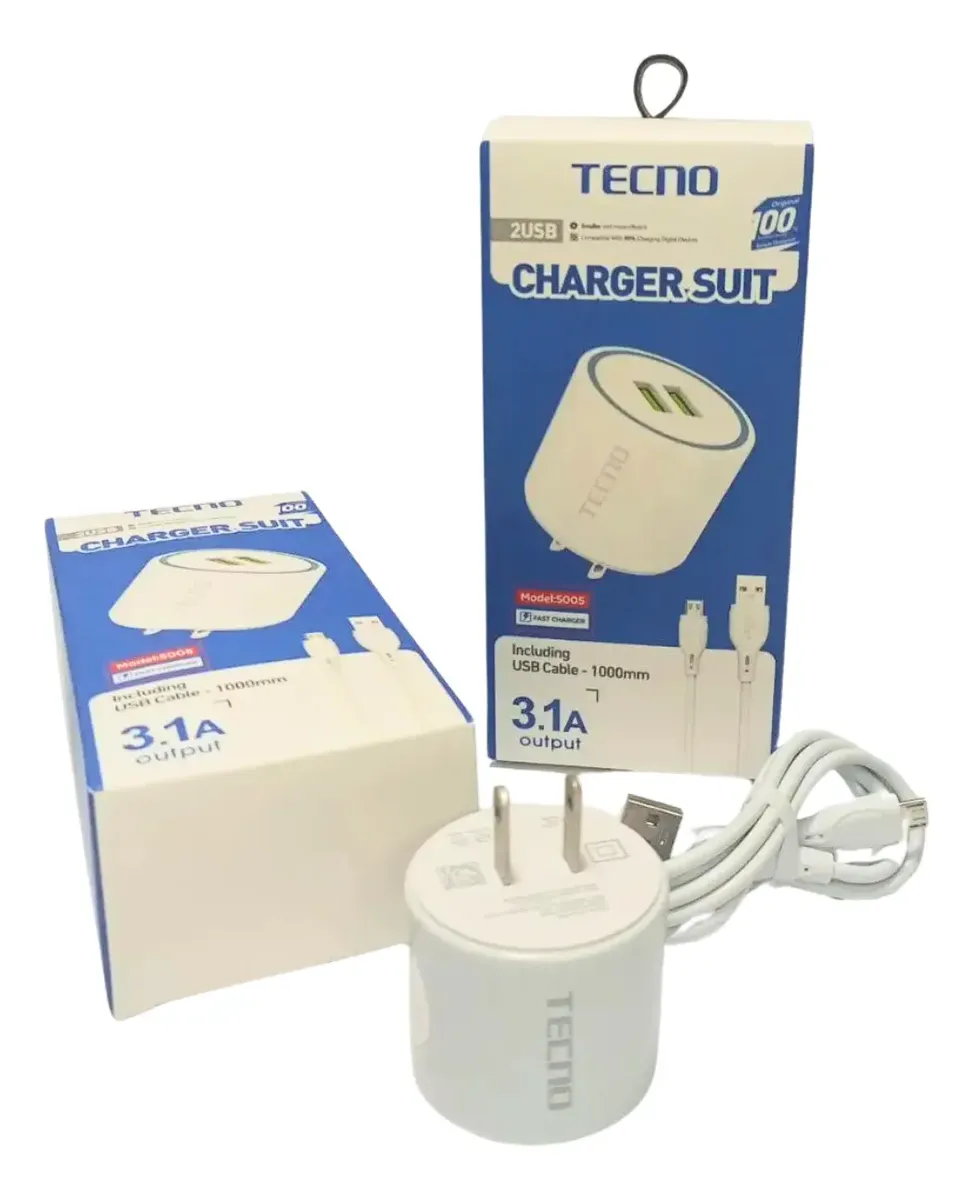 CARGADOR TECNO CHARGER SUIT MOD 5005 2 USB 3.1A TIPO C